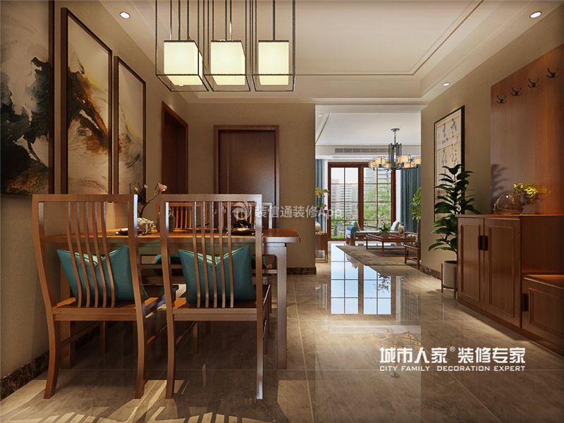 新中式风格127平米三居室餐厅地砖装饰效果图