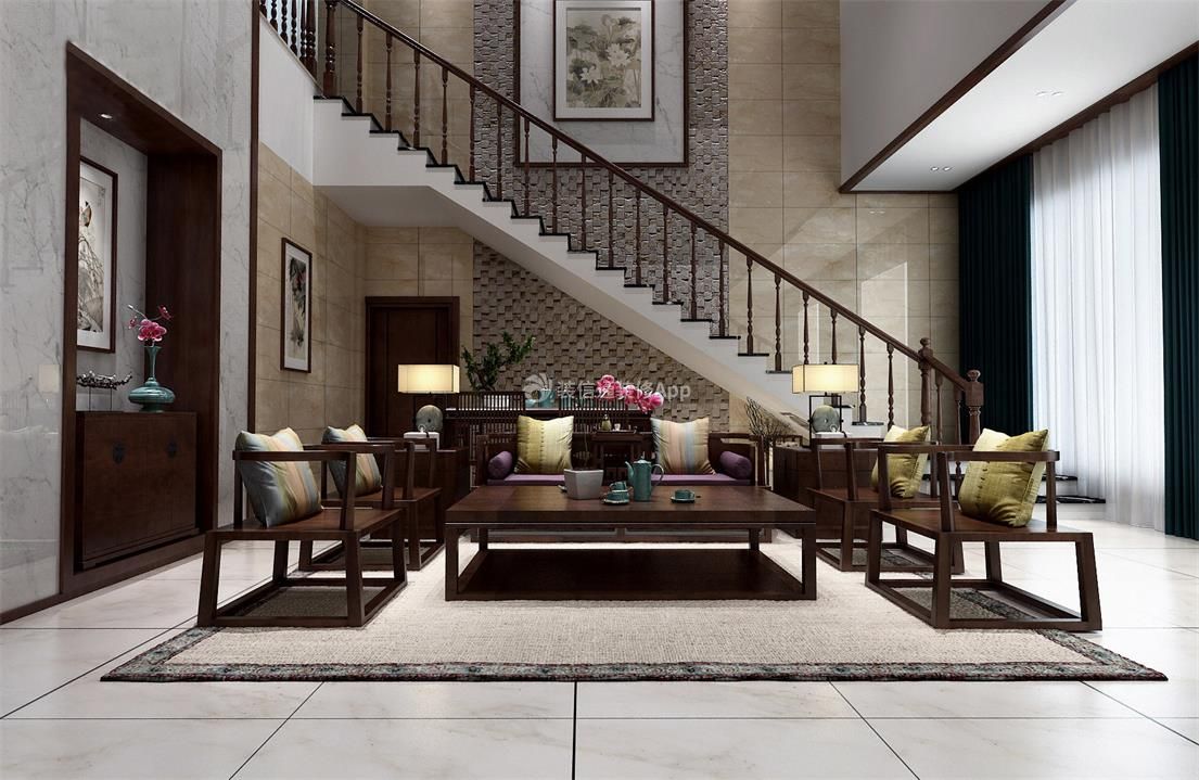 中式风格别墅新房客厅楼梯装修设计图片