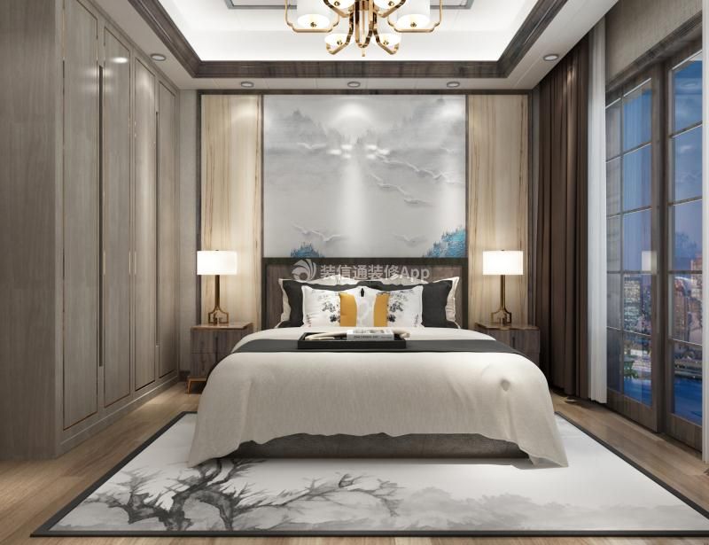 新中式风格104平米三居室卧室床头台灯装修效果图
