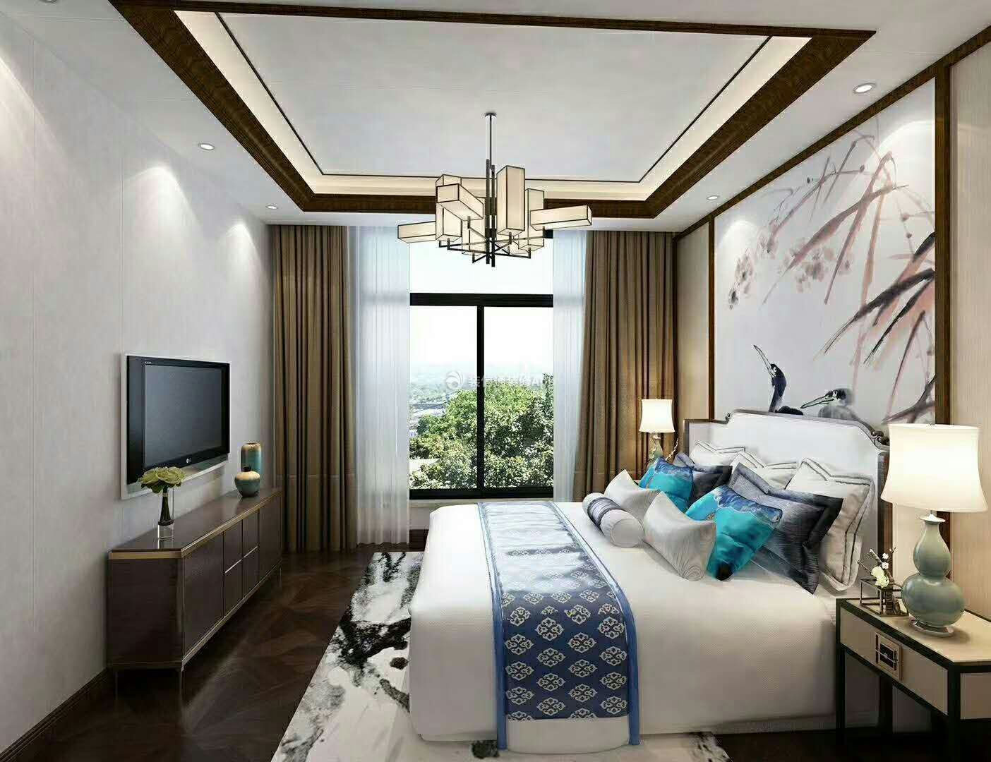 新中式风格126平米三居室卧室窗帘设计效果图