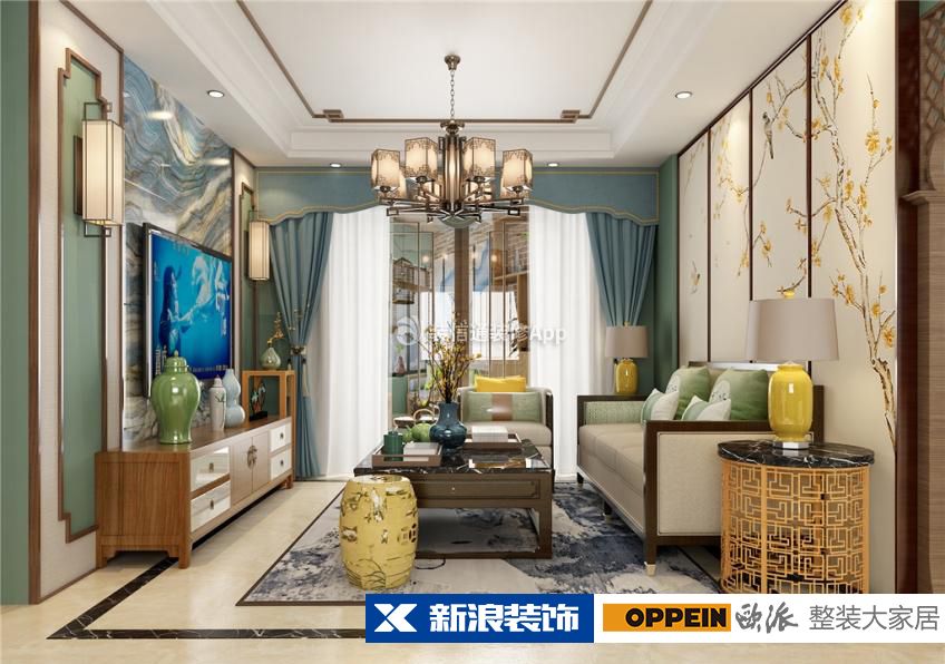 新中式风格66平米小二居客厅电视墙装修效果图