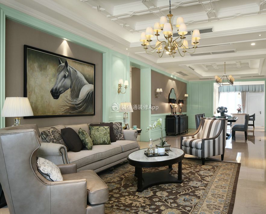 2023现代美式风格四居客厅花纹地毯装饰图片