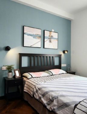 73平欧式风格卧室室内蓝色墙面装修效果图