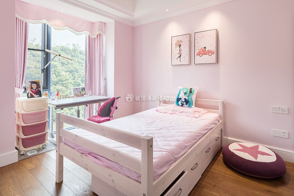 85平米美式风格儿童房粉色墙面装修效果图