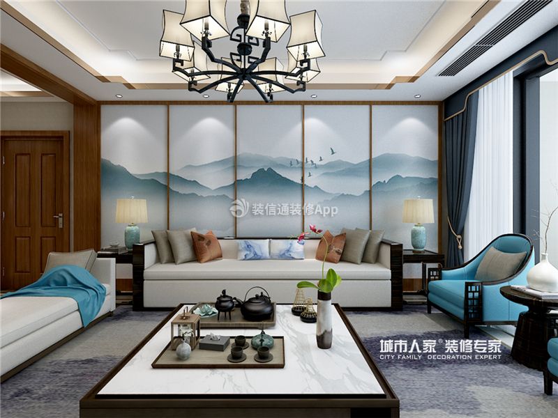 212平米新中式风格四居客厅沙发墙装修效果图