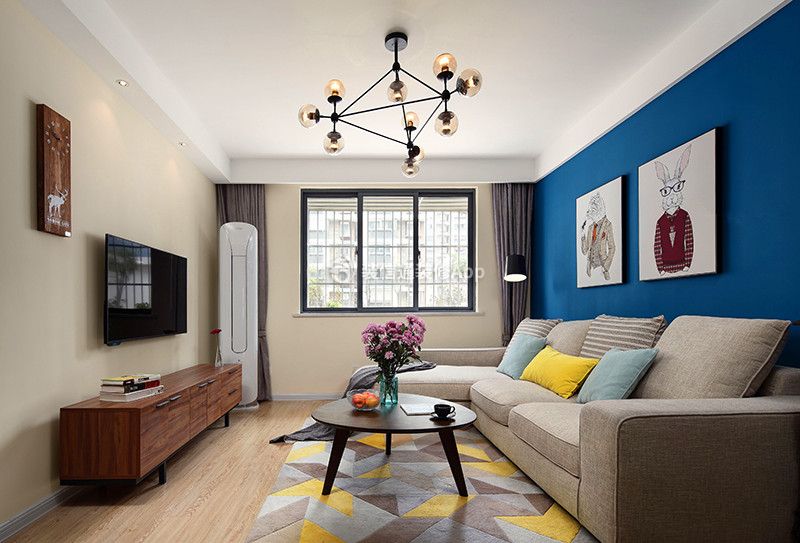 现代风格房屋客厅蓝色背景墙装修图