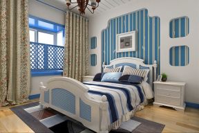 恒大天府半岛三居02平地中海风格卧室蓝色床头背景墙设计