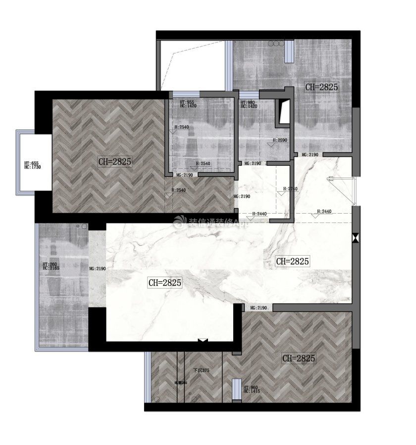 智慧大厦120㎡二居室现代装修平面图