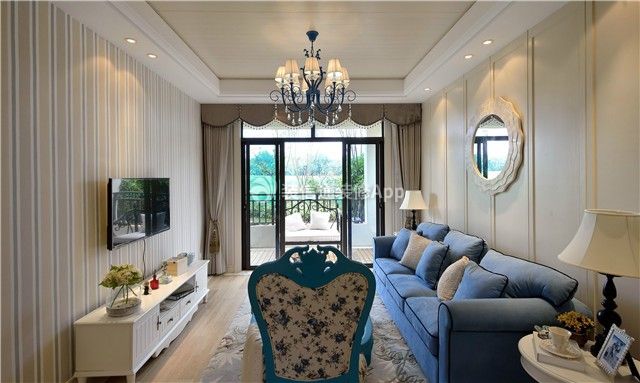 76平米一居室家庭客厅蓝色布艺沙发设计图片