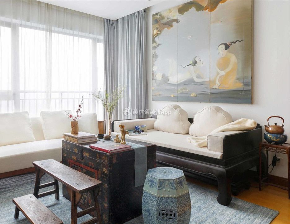 中式风格家用客厅木箱茶几装修效果图