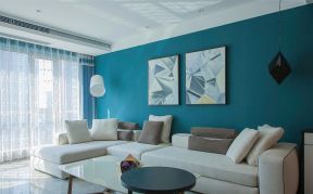  客厅蓝色背景墙 2020蓝色背景墙装修效果图 2020客厅白色沙发效果图 