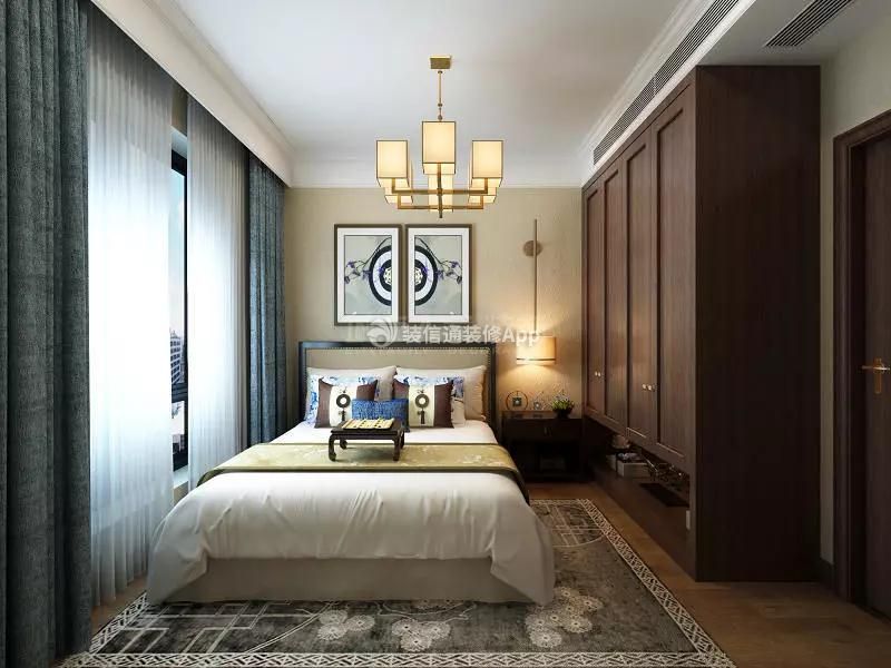 139平米新中式风格三居卧室床头墙面挂画装修效果图
