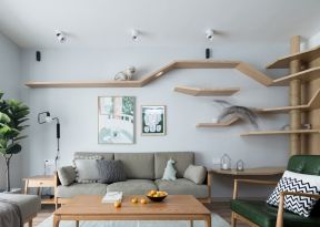 北欧简约家装客厅背景墙置物架设计效果图片