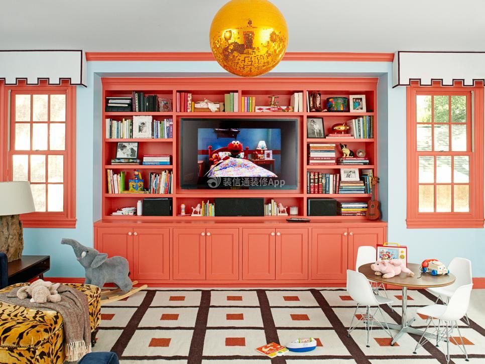 2023暖色调客厅橘红色电视柜子设计图片