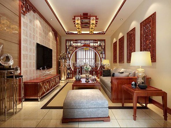 新中式风格100平三居室客厅背景墙装潢效果图