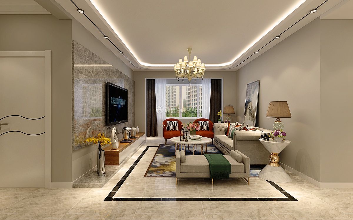 2020现代轻奢风格80平米二居客厅吊灯装修效果图