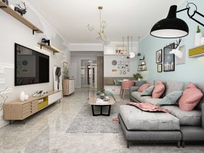 家装二居室70平米混搭风格室内客厅吊灯沙发设计效果图