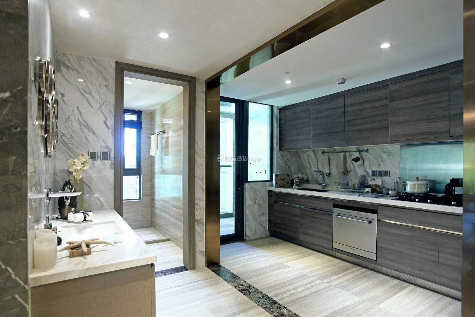 90平米现代三居厨房卫生间洗手台装修设计效果图