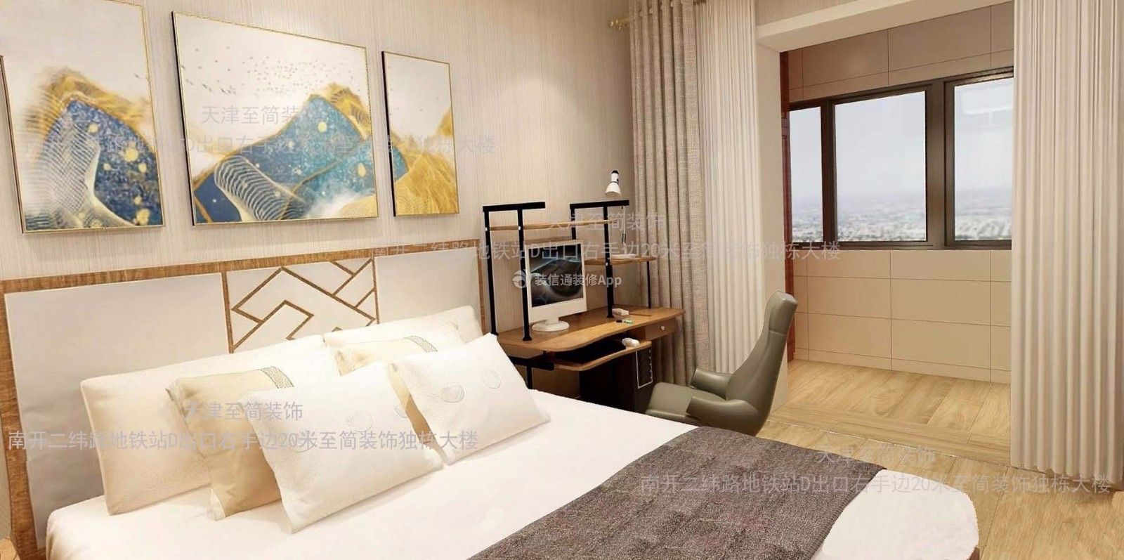 千禧园现代风格58平米室内卧室床背景墙灯具设计效果图