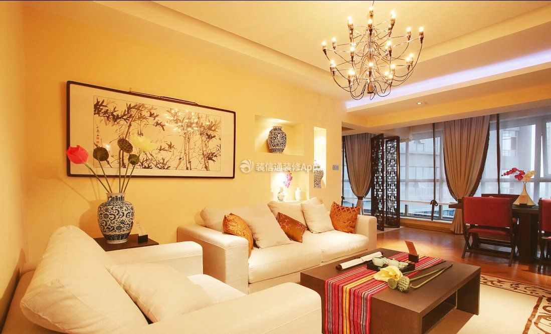 中式风格新房客厅白色沙发装修案例图