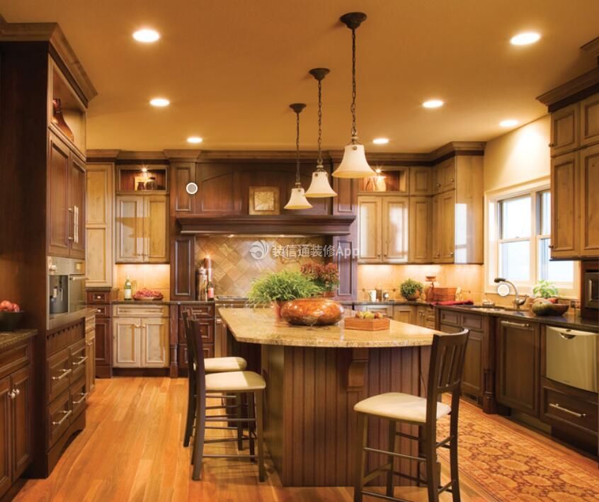 美式复古风格家庭厨房中岛设计装修图片2023