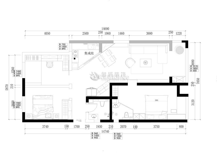 奥达文景观园135平米现代三居装修平面图