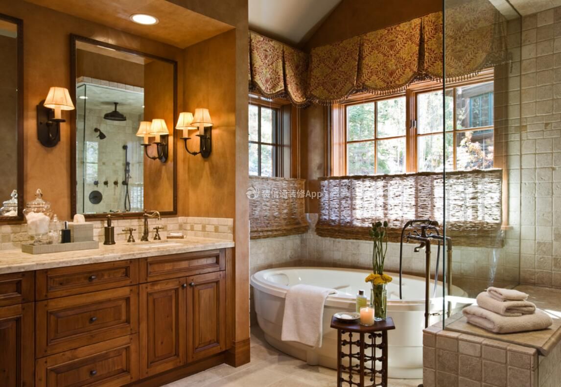 美式复古风格浴室白色浴缸设计效果图 