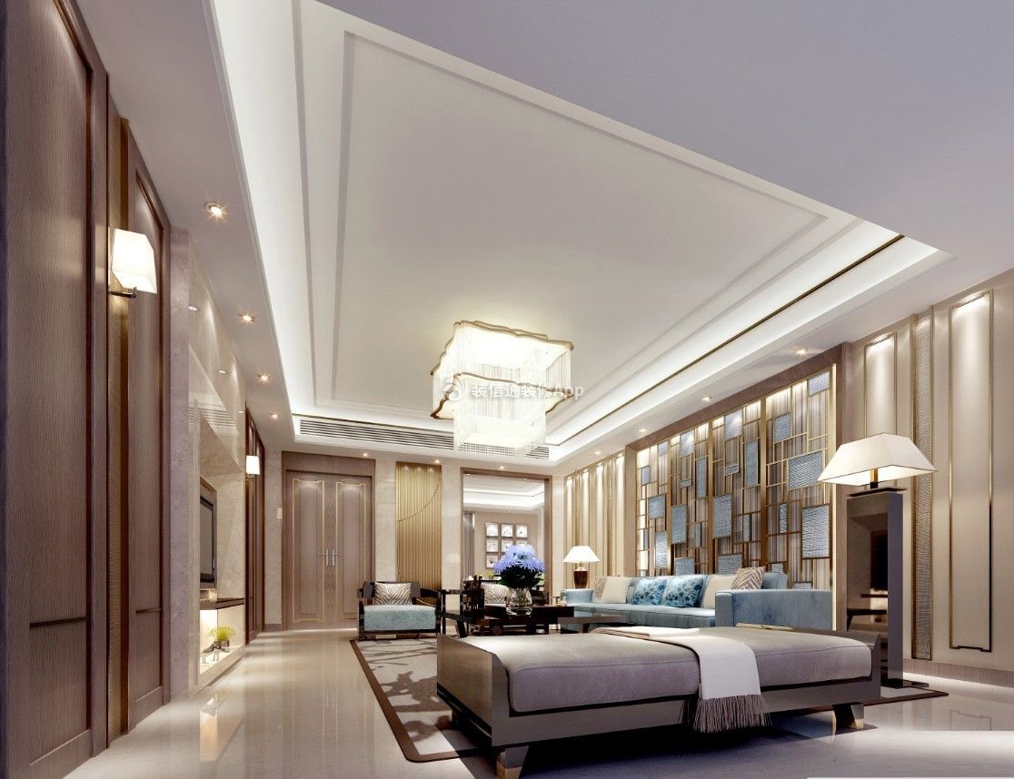 现代中式风格大户型客厅水晶灯装修设计效果图片
