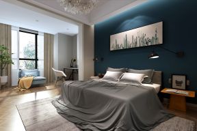 高速时代城复式楼卧室蓝色背景墙装修设计图片