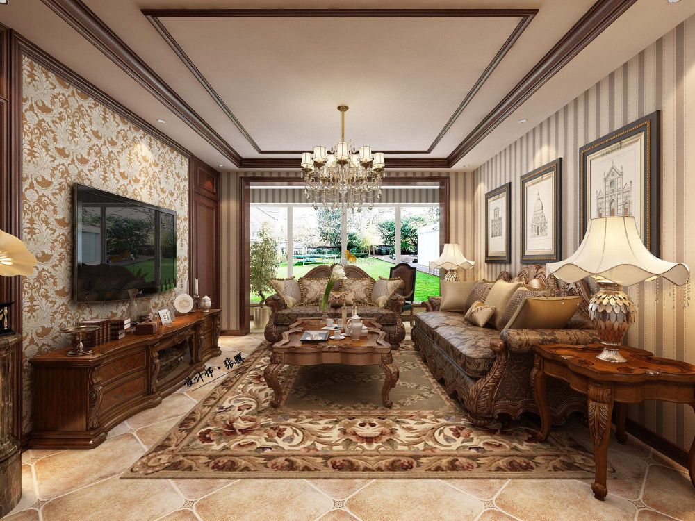 中海城学府美式古典风格客厅地毯装潢设计图