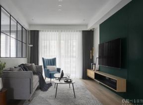人居盛和林语三居108平现代风格客厅墨绿色系电视背景墙效果图