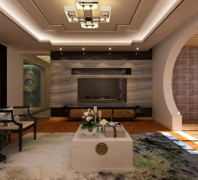 蓝湾现代中式风格客厅白色茶几装潢设计图片