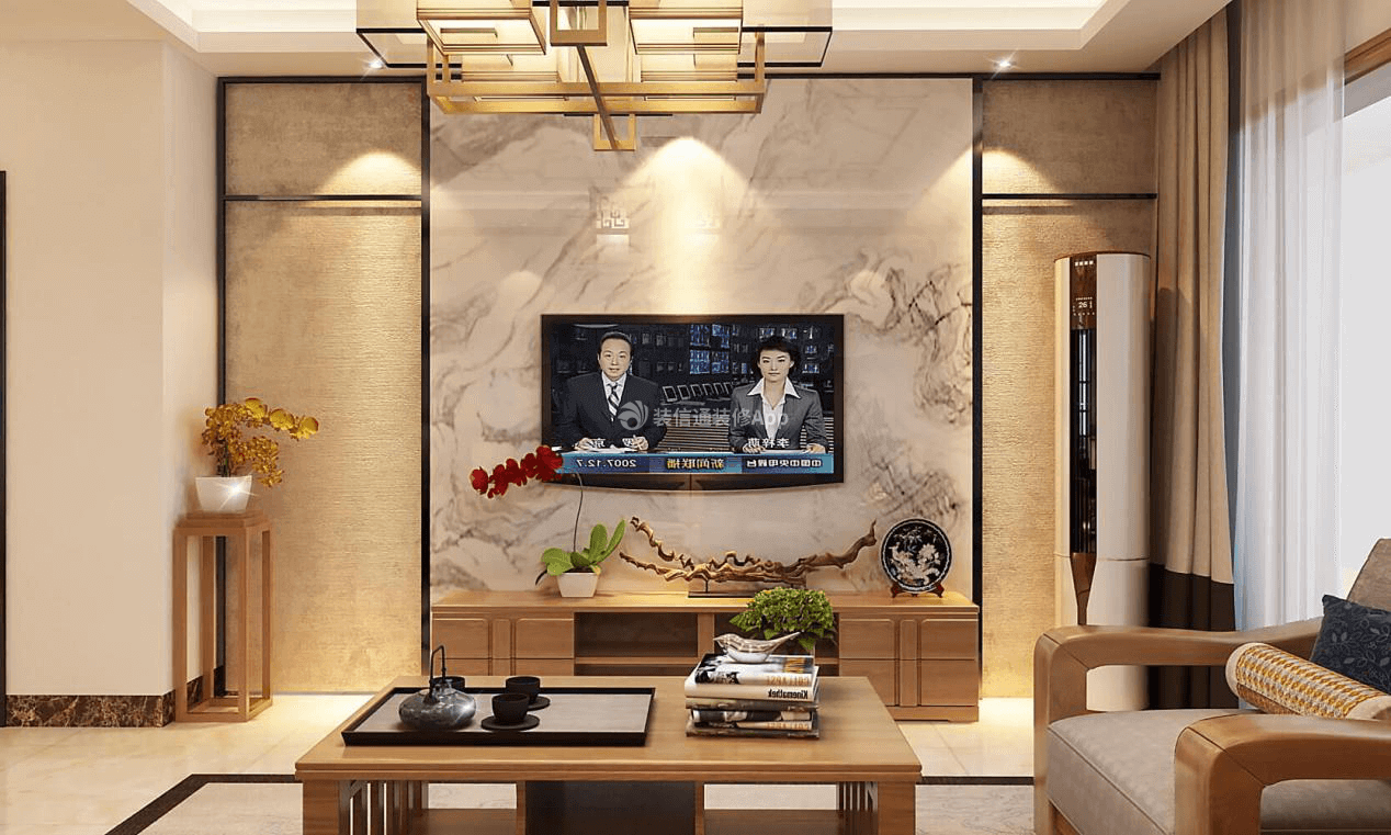 云星钱隆首府90平中式客厅电视墙设计效果图