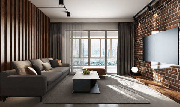 天誉城现代工业风客厅灰色布艺沙发装修设计图
