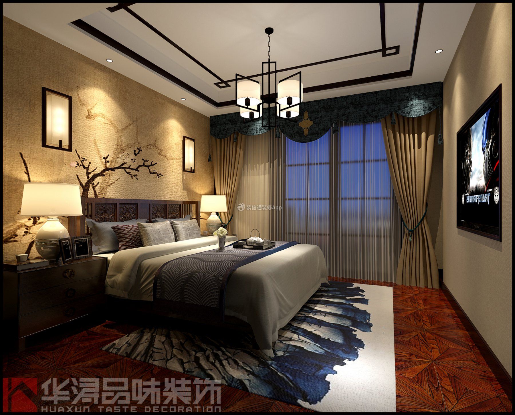 丽雅龙城新中式风格卧室床头吊灯装修设计图一览