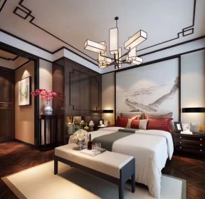紫薇西棠中式140平米三居卧室背景墙装修设计效果图欣赏
