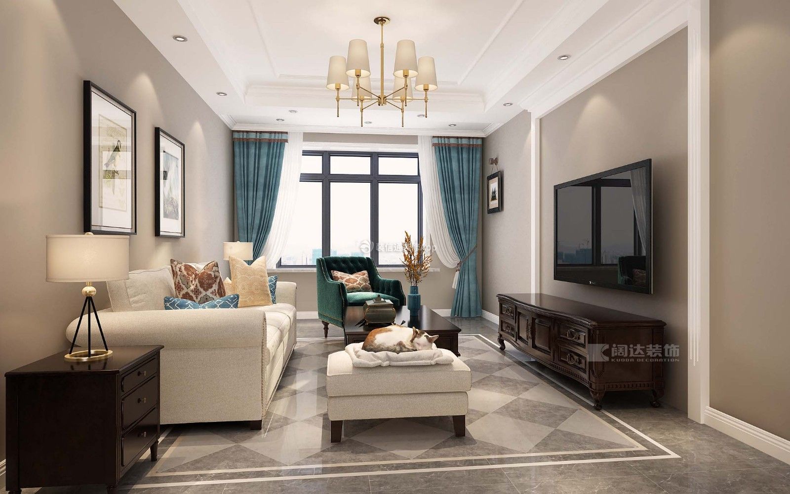 保利香槟现代美式风格客厅沙发背景墙装潢效果图