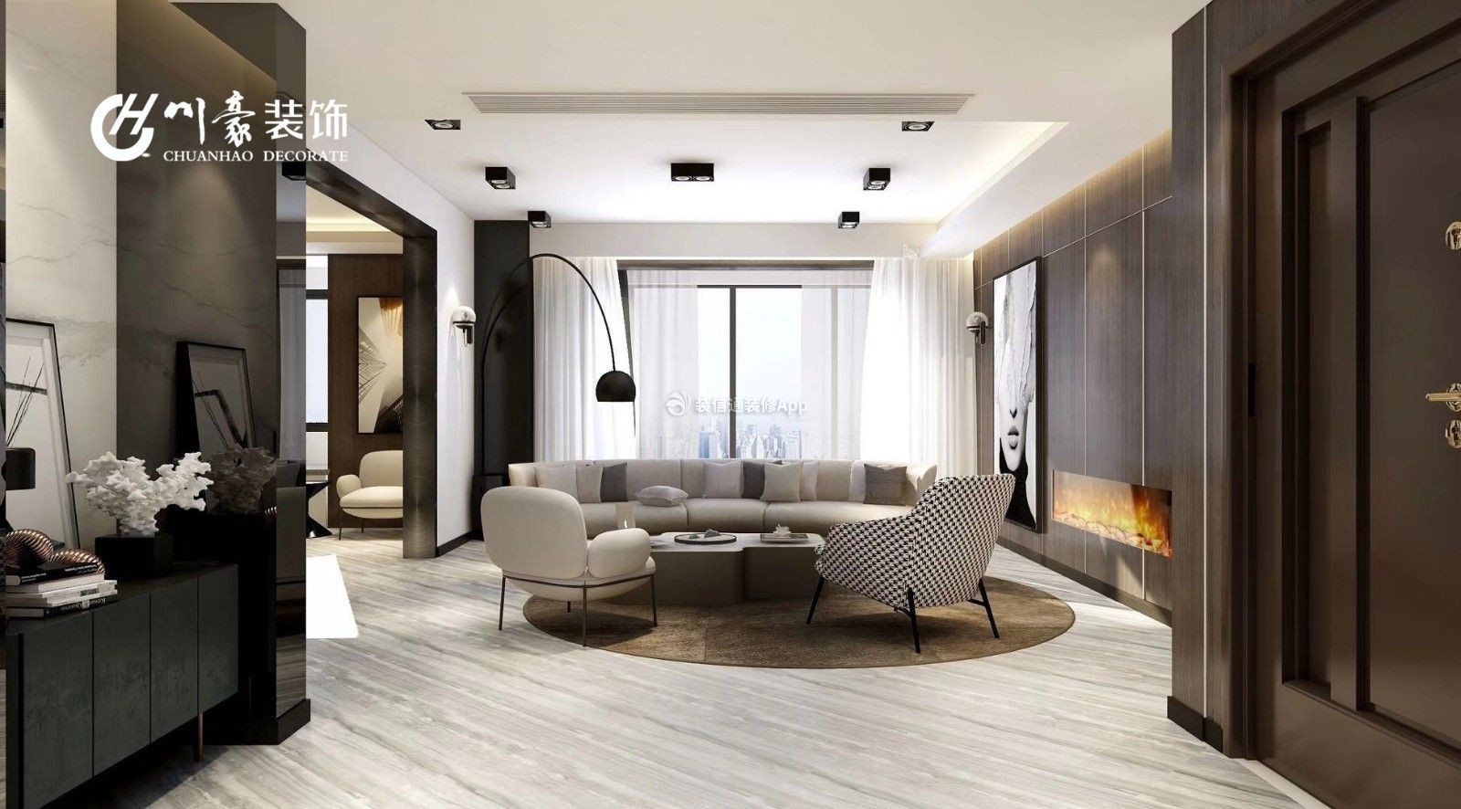 家装效果图 现代 置地双玺四居158平现代风格客厅半圆形沙发组设计