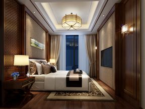 600平新中式风格别墅卧室嵌入式电视墙设计图片