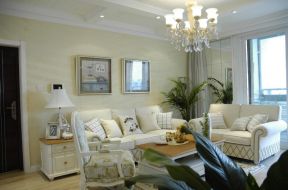 美式田园风格86平两居客厅白色沙发摆放效果图