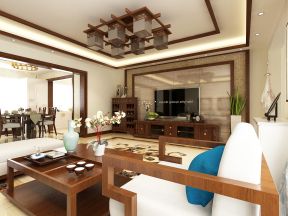 140平新中式风格家庭客厅电视墙装潢效果图