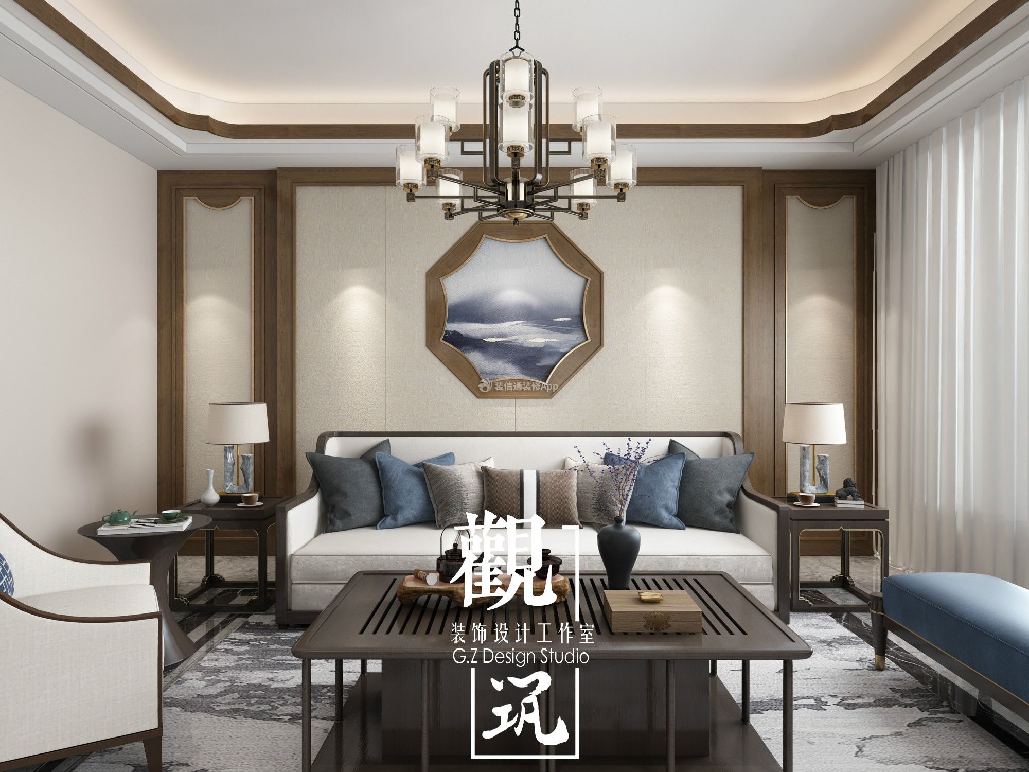 金盾小區(qū)134平米三居禪意沙發(fā)背景墻裝修設(shè)計(jì)效果圖