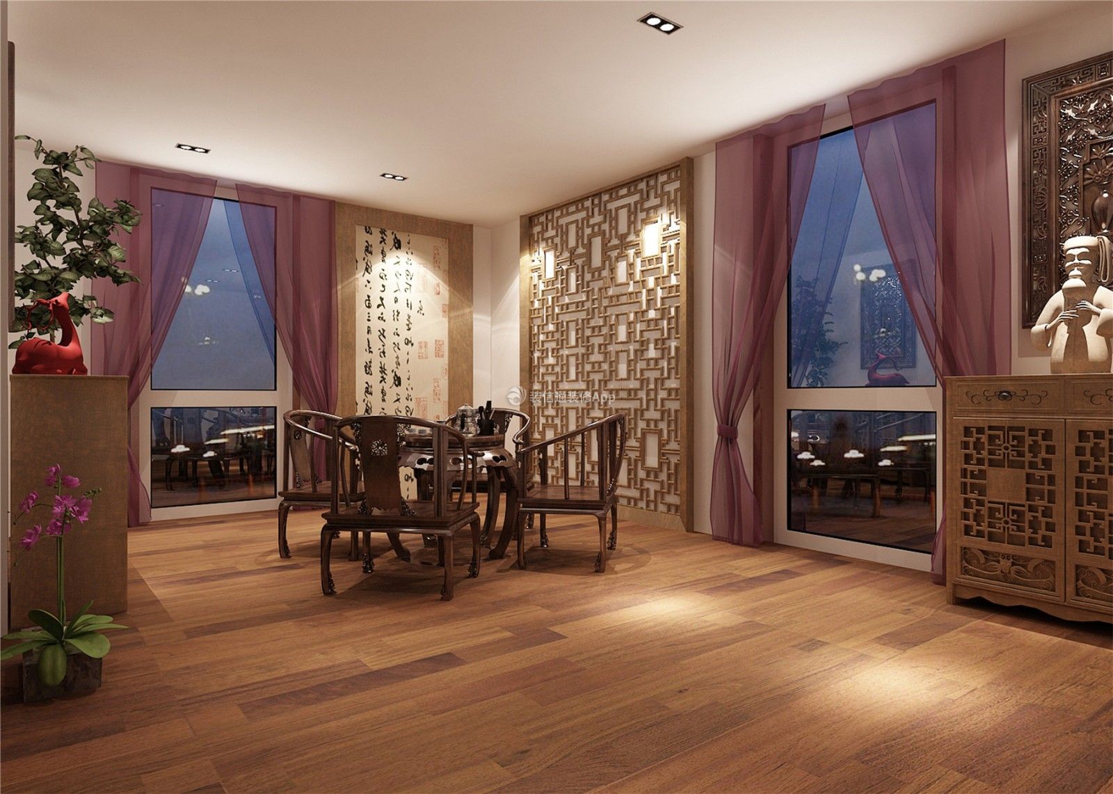 450平中式风格茶楼包间实木地板装修设计效果图