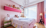 12平儿童房粉色背景墙置物架设计装修效果图