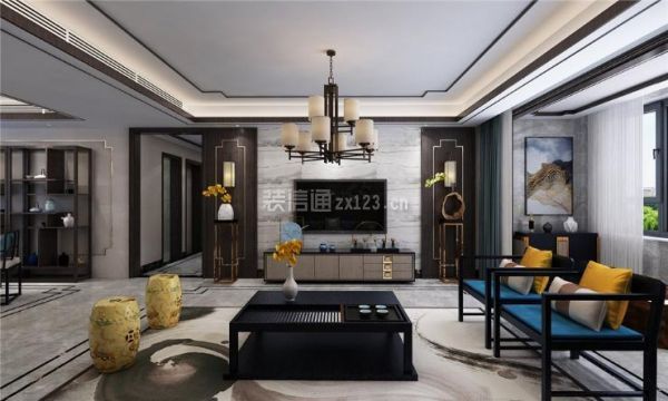 西安中海国际社区177㎡新中式风格客厅装修效果图