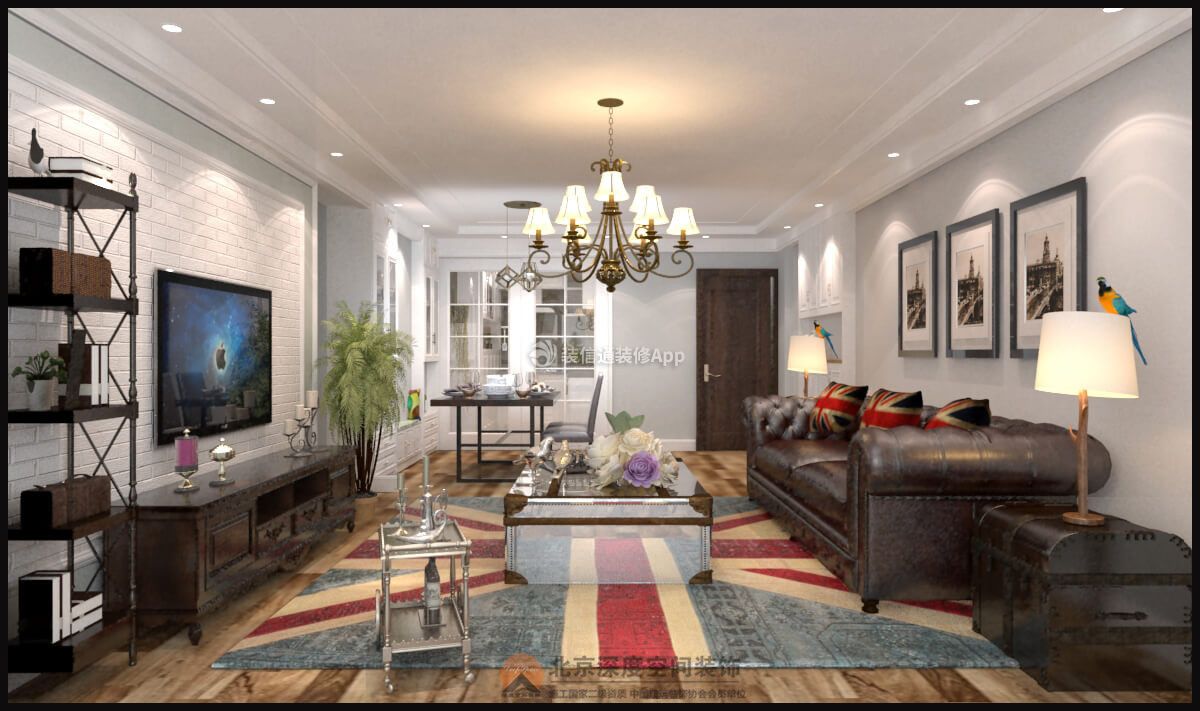 金元国际城118平美式风格客厅真皮沙发装修效果图