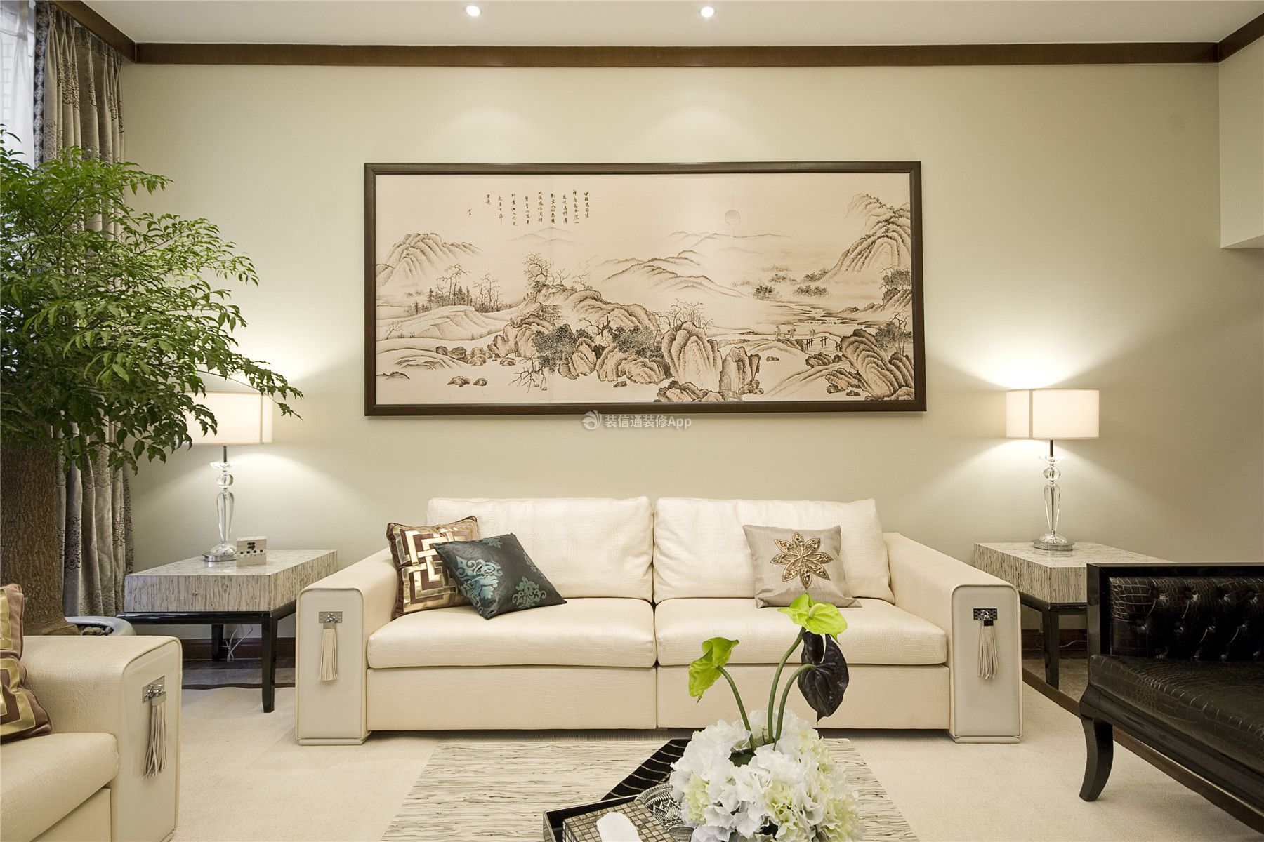 兴庆御园123平米三居室中式风格沙发背景墙装修设计效果图
