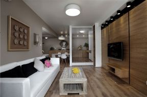 万达城三居115平日式风格客厅木质电视背景墙设计效果图