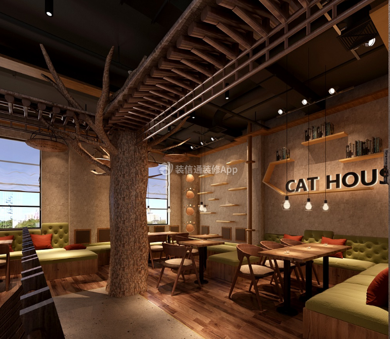 时尚工业风160㎡猫屋咖啡店吊顶装修效果图