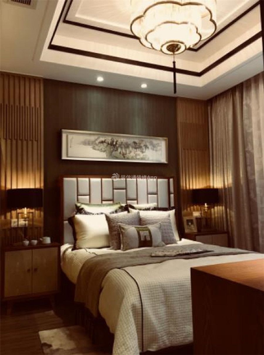蓝光COCO蜜城350平别墅中式风格卧室床头背景墙效果图